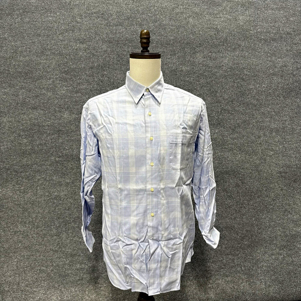 Men’s Light Blue Plaid Long Sleeve Button Down Dress Shirt Chest Pocket XL